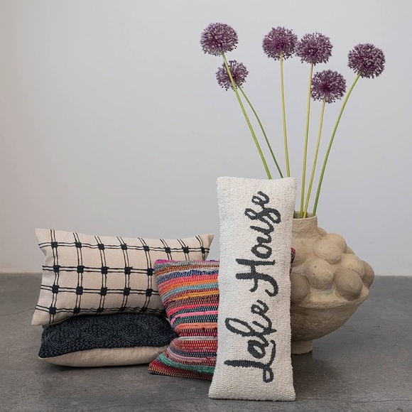 Creative Co-Op Wool and Cotton Lake House Embroidery, Cream Navy Lumbar -Pillow, - Picture 2 of 9